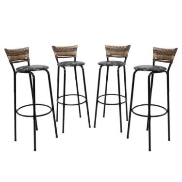 Imagem de Kit 4 Banquetas Altas 80cm Estrutura Preta Encosto Junco Cappuccino Ideal P/Bancada Cozinha Americana Bares Balcão Itagold (Assento Floral Preto)