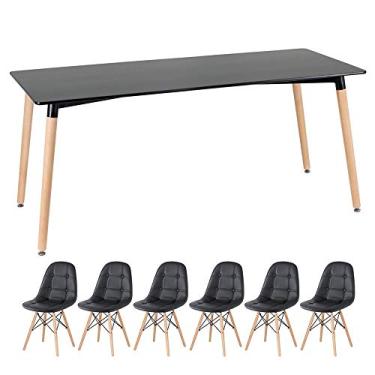 Imagem de Loft7, Kit Mesa retangular Eames 80 x 160 cm preto + 6 cadeiras estofadas Botonê preto