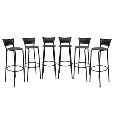 Imagem de Kit 6 Banquetas Altas 80cm Estrutura Preta Encosto Junco Preto Ideal Bancada Cozinha Americana Bares Balcão Ilha Área Gourmet Piscina Itagold (Assento Marrom Escuro)
