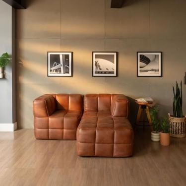 Imagem de Sofá Guldi Popup com 2 Módulos Canto e Puff Corino Caramelo