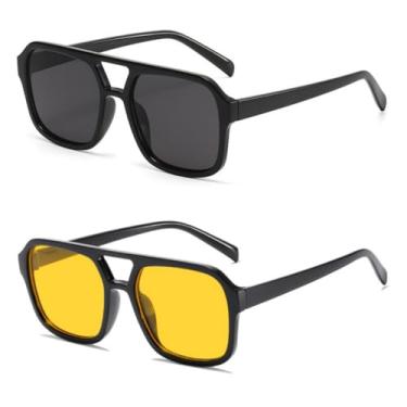 Imagem de IKUVNA Óculos de sol retrô estilo aviador quadrado anos 70, feminino, masculino, vintage, retangular, armação plana, óculos de sol modernos, Preto + amarelo, Large