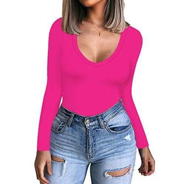 Imagem de Camisa de manga comprida CLOZOZ para mulheres com decote em V, camiset