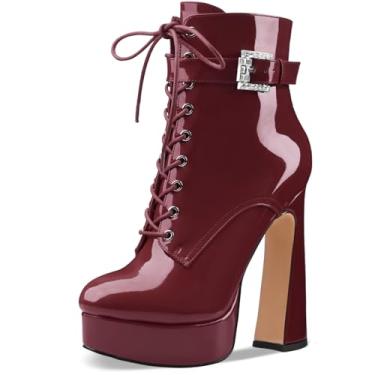 Imagem de Perisis Bota feminina preta de cano curto plataforma com cadarço salto alto grosso fechado bico redondo com zíper lateral e fivela de alça para mulheres sexy e fofas, Patente de vinho, 41