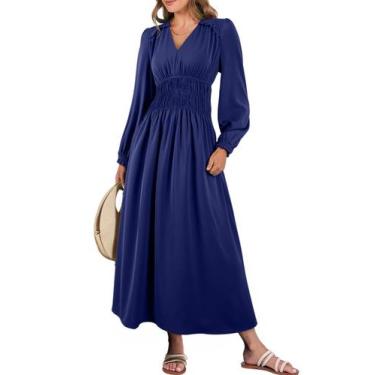 Imagem de Vestido feminino BLENCOT, casual, babado, decote em V, em camadas, azu