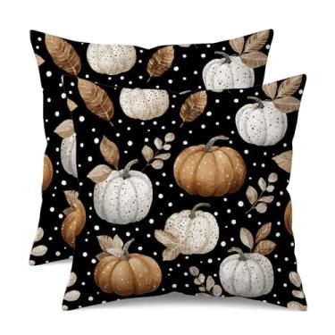 Imagem de UZFNY Capas de almofada de linho de abóbora e folhas caramelo outono e branco (pacote com 2) - Capas de almofada dupla face 56 x 56 cm preto de bolinhas outono e colheita de ação de graças para