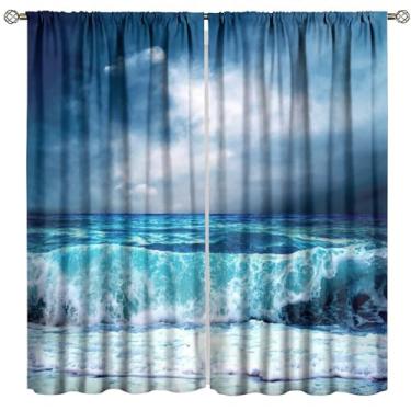 Imagem de Cortina de praia oceânica, verão tropical havaiano ondulado azul impressão paisagem cortinas decoradas quarto sala de estar haste bolso tratamento janela conjunto 2 painéis tamanho total 106,7 cm L x