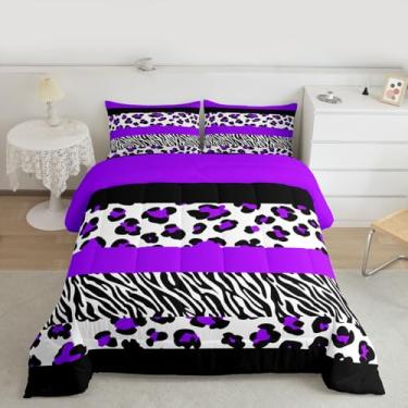 Imagem de jejeloiu Conjunto de edredom Queen com estampa de leopardo, guepardo e zebra, para crianças, meninos, meninas, listras geométricas, roxo, decoração de quarto, 3 peças com 2 fronhas