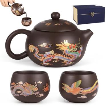 Imagem de Conjunto de chá elegante de dragão e fênix que muda de cor, bule de argila feito à mão com duas xícaras, arte de cerâmica chinesa