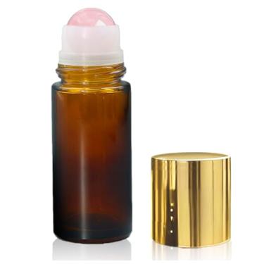 Imagem de Warmify Frascos de rolo de quartzo rosa para óleos essenciais, frascos de vidro âmbar recarregáveis de 50 ml com bolas de rolo de cristal natural, frasco de perfume de viagem à prova de vazamento com