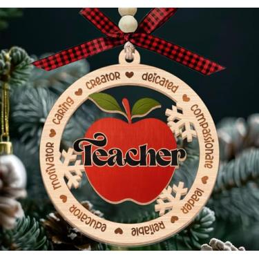 Imagem de KiKi9xDesigns Ornamento de professor de Natal - Design de maçã e floco de neve - Enfeite de duas camadas de madeira e acrílico em camadas - presente para professores - Decoração de Natal para sala de