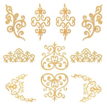 Imagem de letsinstyle 12 peças de remendos bordados florais dourados em ferro, aplique de renda bordado de flor dourada, apliques de renda de poliéster para vestido de noiva, vestido de festa, reparo de roupas