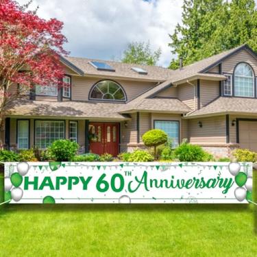 Imagem de Placa de banner de feliz aniversário de 60 anos - decoração de casamento de 9,8 x 4 m para casais, decoração de festa de jardim ao ar livre branca e verde para homens e mulheres.