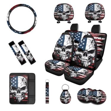 Imagem de Rucaresri 13 peças de capas de assento de carro de caveira bandeira americana conjunto completo com capa de volante automotivo protetor de almofada de braço capas de cinto de segurança, conjuntos de