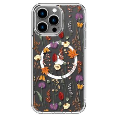 Imagem de ICEDIO Capa para iPhone 13 Pro com protetor de tela - compatível com carregamento sem fio, proteção aprimorada da câmera, capa transparente com design floral moderno para mulheres - floral laranja