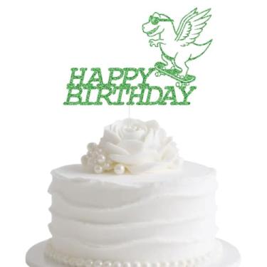 Imagem de Dino Skateboard Cake Topper Happy Birthday Cake Pick Skateboarder Extreme Skateboarding Sports Theme Boys Girls Birthday Party Decoration Supplies Green Glitter