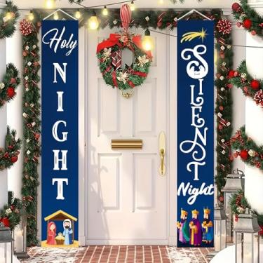 Imagem de BlissYard Holy Night Silent Night Banner para porta de Natal Presépio Três Homens Sábios Festivo Religioso Sinal de Boas-Vindas para Varanda da Frente Entrada Exterior Interior Decoração de Casa 12x71