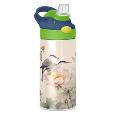 Imagem de Blueangle Garrafa de água floral de beija-flores chinesas de aço inoxidável isolada de 350 ml com tampa de canudo - Garrafa esportiva reutilizável à prova de vazamento para viagens, ao ar livre (505)