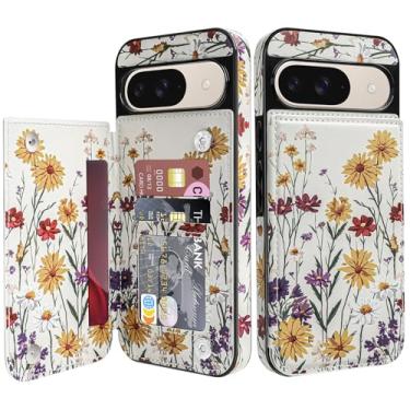 Imagem de Bizzib Capa carteira de couro para Google Pixel 9/Pixel 9 Pro com suporte para cartão, capa flip com fecho magnético à prova de choque, capa protetora resistente, creme floral