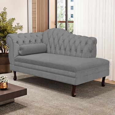 Imagem de Divã Recamier Chaise Longue Lavínia 150cm Capitonê Pés De Madeira Linho Cinza - Desk Design