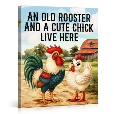 Imagem de Impressão de arte de parede engraçada de galinha e fazenda, um galo velho e um pintinho fofo viva aqui, decoração de parede de casa de fazenda, jardim, galinheiro, 20 x 25 cm, tela emoldurada