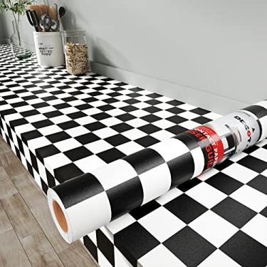 Imagem de Decotalk Papel de parede quadriculado de 76 cm x 508 cm, preto e branco, papel de parede quadriculado para parede, papel de contato preto e branco para armários e gavetas, papel de parede quadriculado