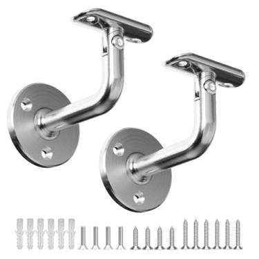 Imagem de Pacote com 2 suportes de escada de corrimão, aço inoxidável 316, rotação de 180°, ferragens resistentes para tubo de 48,3 mm, suporte de trilho manual de parede escovado acetinado para corrimão de