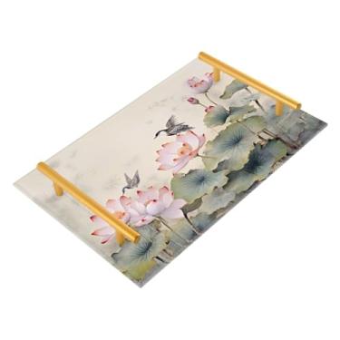 Imagem de Wassud Bandeja de banheiro florida de lótus e pássaros com alças, organizador de perfume de joias de acrílico para banheiro, quarto, cozinha, balcão de 30 x 20 cm