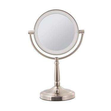 Imagem de Espelho de maquiagem espelho de maquiagem espelho de maquiagem com luzes e ampliação botão HD dupla face recarregável rotação de 360 graus para banheiro espelho de beleza