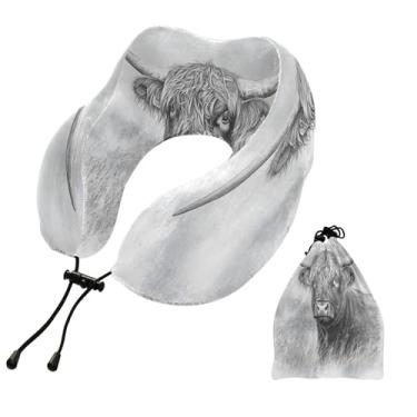 Imagem de CEBUGI Travesseiros de viagem portáteis em forma de U, travesseiro de pescoço de espuma viscoelástica com trava de corda ajustável para avião, viagem, trem, negócios, escritório, soneca (vaca Highland