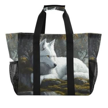 Imagem de STAYTOP Bolsa de praia grande de lobo branco com olhos laranja para mulheres e homens, à prova d'água à prova de areia, bolsa de natação para piscina, academia, mercearia, viagem