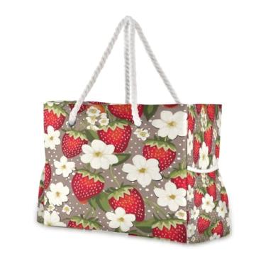 Imagem de Wassud Bolsa de praia grande com flores de morango para mulheres, impermeável, à prova de areia, bolsa de viagem com zíper e bolso para piscina, academia, acampamento