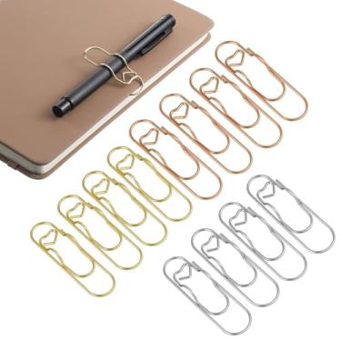 Imagem de IANFAN 12 peças de clipes de metal para notebook, clipe de papel de 7 cm, suporte de caneta para cadernos, papéis, planejador, material de escritório jumbo, formato de coração dourado/vermelho/prata