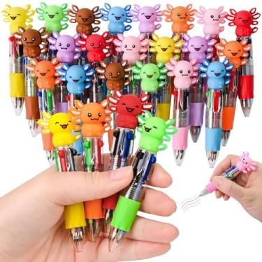 Imagem de LiYiQ 25 canetas multicoloridas para lembrancinhas de festa Axolotl em um desenho animado, fofa, divertida, 4 em 1, canetas esferográficas Kawaii Axolotl para presentes divertidos