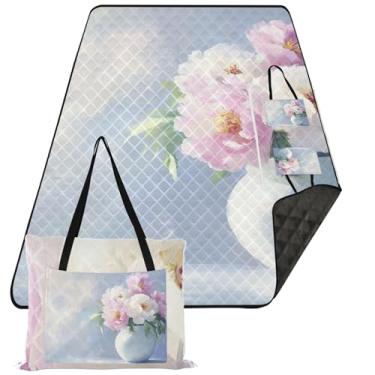 Imagem de TSENQUE Cobertor de praia com estampa de flores de peônia rosa pastel impermeável à prova de areia extra grande fofo tapete de piquenique cobertores de grama dobráveis para atividades ao ar livre 299