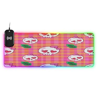 Imagem de CEBUGI Mouse pad de carregamento sem fio com caveiras de desenho animado 15 W rápido para jogos com 14 iluminação LED RGB para jogos, PC, laptop, mesa 90,9 x 39,9 cm