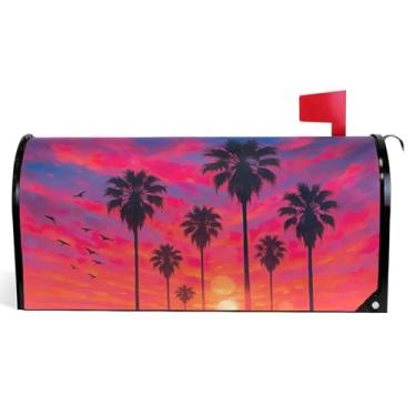 Imagem de Capas de caixa de correio magnéticas decorativas vinil caixa de correio envoltório verão à prova de intempéries férias caixa de correio decoração aquarela palmeira pôr do sol vermelho tamanho padrão