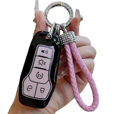 Imagem de Capa de chave remota de carro de 5 botões TPU compatível com Ford Fusion/Mustang/F150/Edge/Explorer Keyless Auto Acessórios Key Fob Cover Case(Pink-Rope Buckle)