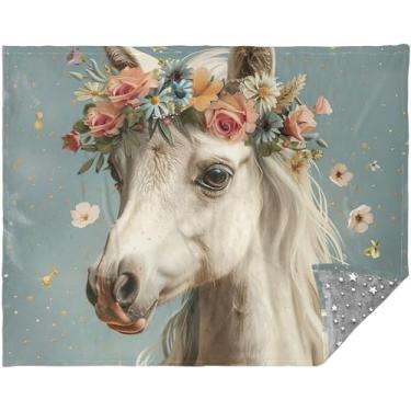 Imagem de Cobertores macios florais de cavalo branco personalizado e cobertor sherpa mais macio do mundo 177,8 cm x 139,7 cm cobertores engraçados de férias
