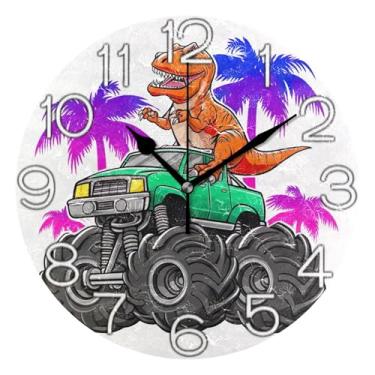 Imagem de GAIGEO Relógio de parede analógico decorativo escritório cozinha relógio operado a bateria, decoração de sala de estar arte moderna desenho animado dinossauro caminhão colorido, 25 cm, ponteiros