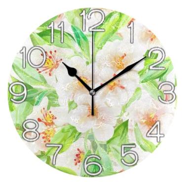 Imagem de Relógio de parede analógico decorativo estético silencioso sem tique-taque relógio de cozinha fofo, arte de parede moderna legal decoração de casa, verde floral pastel, 25 cm, ponteiros dourados