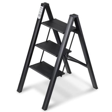 Imagem de Miscoos Escada de 3 degraus, leve, portátil, dobrável, com pedal largo e antiderrapante, capacidade de 150 kg, escada de alumínio multiuso perfeita para casa, cozinha, escritório (preto1)
