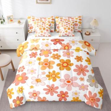 Imagem de Erosebridal Jogo de lençol casal Groovy Flower de 7 peças, vintage, floral, geométrico, hippie, estilo pastoral, respirável, leve, lençol com elástico, reversível