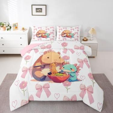 Imagem de Erosebridal Conjunto de cama solteiro com laço rosa, estampa axolote capivara, para crianças, mulheres, decoração de quarto fofo, floral, laço floral, amor, coração, animais, edredom