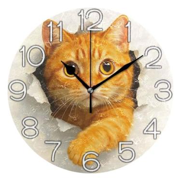 Imagem de GAIGEO Relógio de parede analógico decorativo estético silencioso sem tique-taque quarto relógio de cozinha, decoração de parede vintage sala de estar, engraçado gato laranja curioso fofo, 25 cm