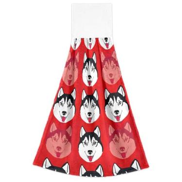 Imagem de Toalhas de mão de primavera com laço para pendurar desenho animado cachorro husky animal vermelho conjunto de 2, toalhas de casa e cozinha fofas altamente absorventes, 46 x 35 centímetros
