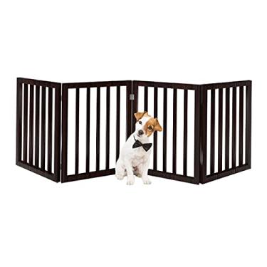 Imagem de PETMAKER Portão para animais de estimação – Portão para portas, escadas ou casa – Independente, dobrável, estilo acordeão, cerca para cães de madeira MDF (4 painéis, marrom)
