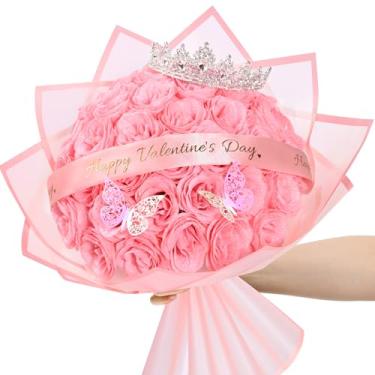 Imagem de Waipfaru Buquê de rosas com glitter, presentes de dia dos namorados para ela, buquê de flores rosa falsas DIY com placas de pé dos namorados, 36 peças de rosa para mulheres, esposa e namorada