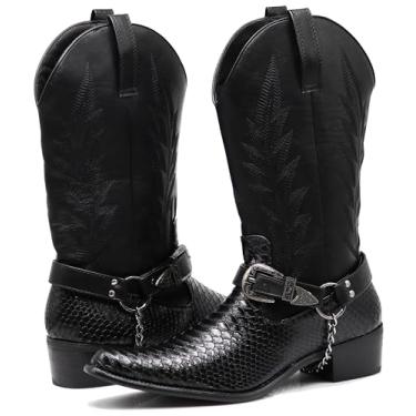 Imagem de Enzo Romeo JVN Bota masculina estilo caubói ocidental com estampa de jacaré, zíper lateral, corrente removível, salto baixo, Preto, 42