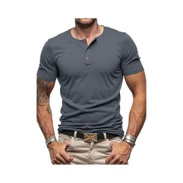 Imagem de Camiseta Masculina Slim Fit De Manga Curta Com Gola Henley, Cor Sólida