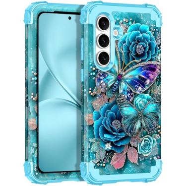 Imagem de Rancase Capa para Galaxy S25 FE, proteção resistente à prova de choque de três camadas de plástico rígido + capa protetora de borracha de silicone macio para Samsung Galaxy S25 FE, azul ciano